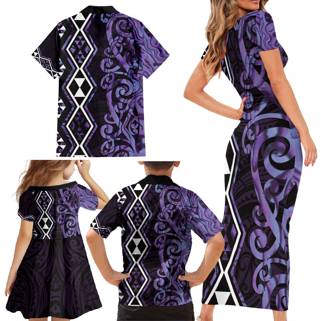 Purple Aotearoa Family Matching Short Sleeve Bodycon Dress and Hawaiian Shirt Taniko Motifs With Paua Shell Kowhaiwhai LT14 - Polynesian Pride