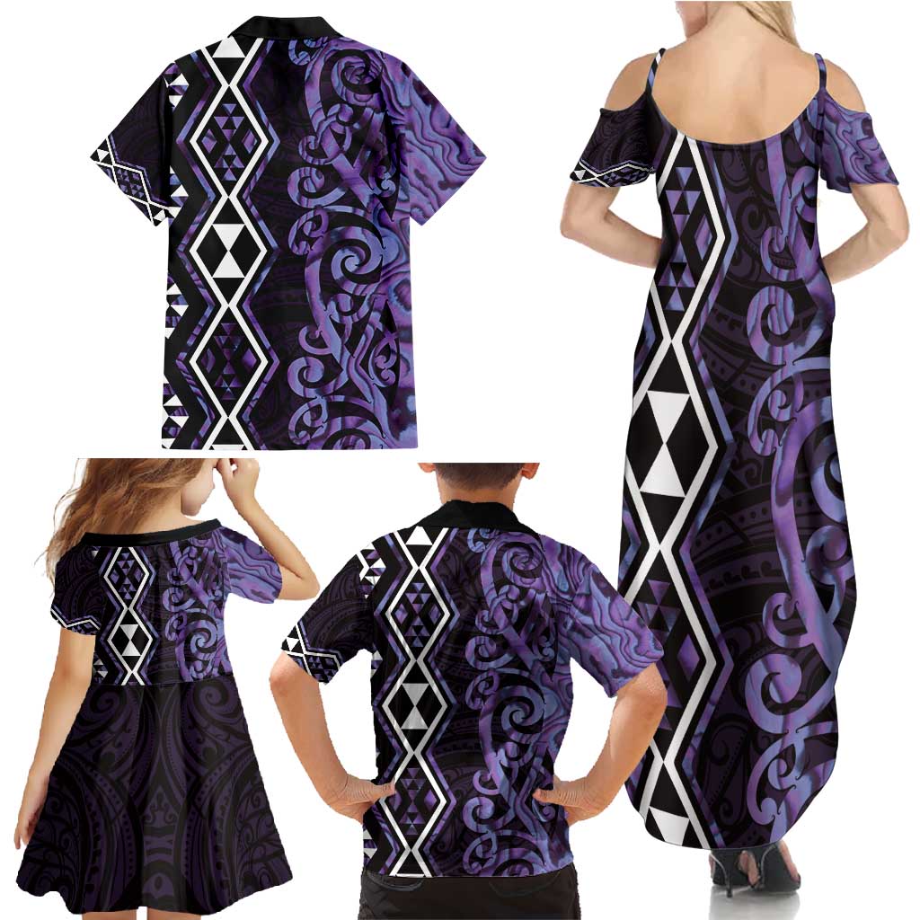 Purple Aotearoa Family Matching Summer Maxi Dress and Hawaiian Shirt Taniko Motifs With Paua Shell Kowhaiwhai LT14 - Polynesian Pride