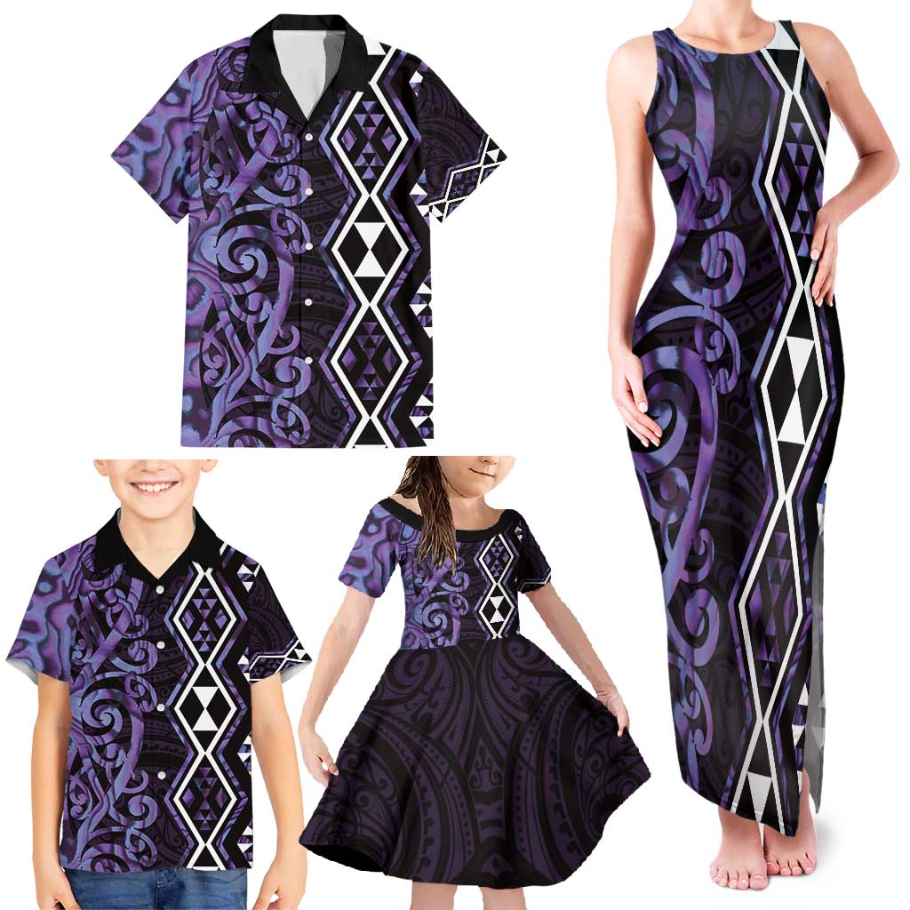 Purple Aotearoa Family Matching Tank Maxi Dress and Hawaiian Shirt Taniko Motifs With Paua Shell Kowhaiwhai LT14 - Polynesian Pride