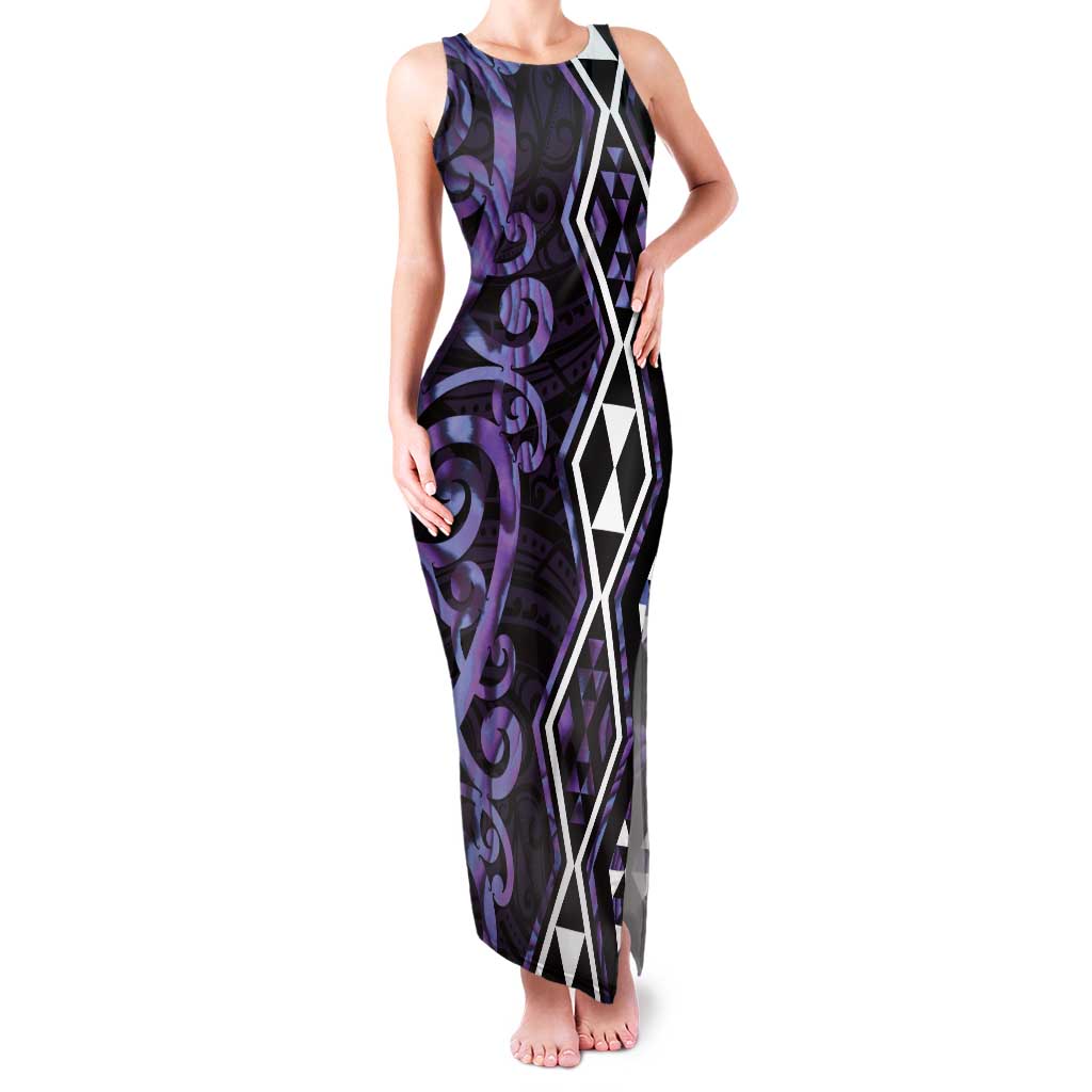 Purple Aotearoa Family Matching Tank Maxi Dress and Hawaiian Shirt Taniko Motifs With Paua Shell Kowhaiwhai LT14 Mom's Dress Purple - Polynesian Pride