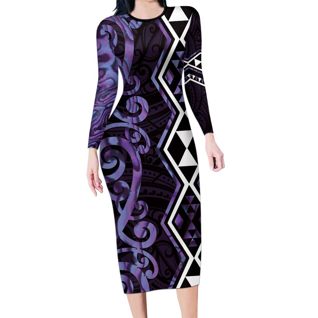 Purple Aotearoa Long Sleeve Bodycon Dress Taniko Motifs With Paua Shell Kowhaiwhai LT14 Long Dress Purple - Polynesian Pride