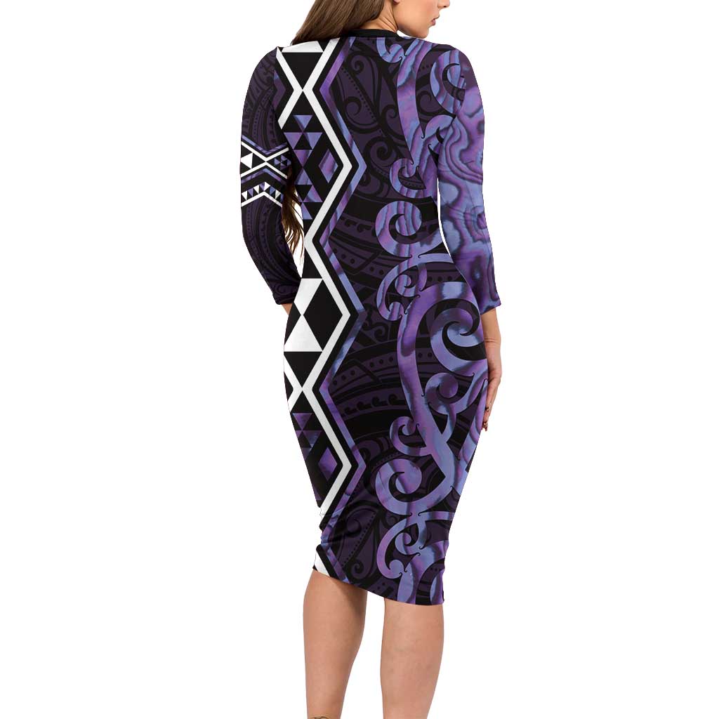 Purple Aotearoa Long Sleeve Bodycon Dress Taniko Motifs With Paua Shell Kowhaiwhai LT14 - Polynesian Pride