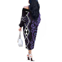 Purple Aotearoa Off The Shoulder Long Sleeve Dress Taniko Motifs With Paua Shell Kowhaiwhai LT14 - Polynesian Pride