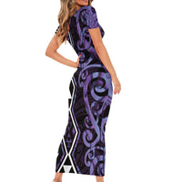 Purple Aotearoa Short Sleeve Bodycon Dress Taniko Motifs With Paua Shell Kowhaiwhai LT14 - Polynesian Pride