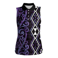 Purple Aotearoa Women Sleeveless Polo Shirt Taniko Motifs With Paua Shell Kowhaiwhai LT14 Female Purple - Polynesian Pride