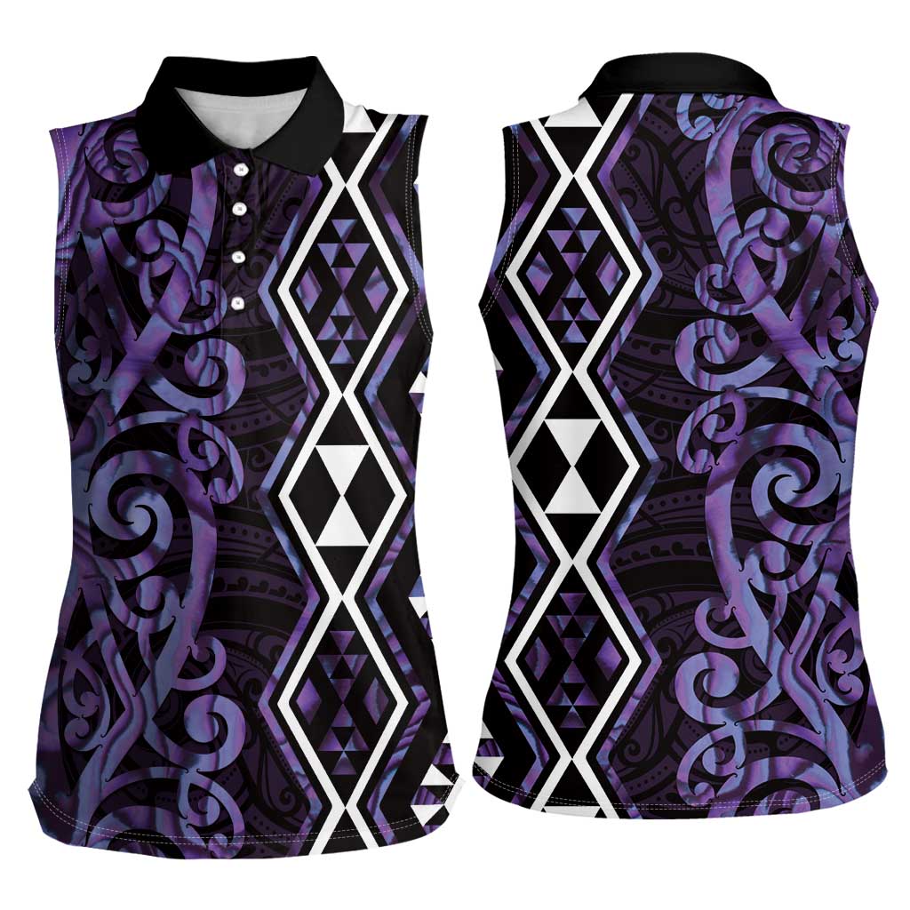 Purple Aotearoa Women Sleeveless Polo Shirt Taniko Motifs With Paua Shell Kowhaiwhai LT14 - Polynesian Pride