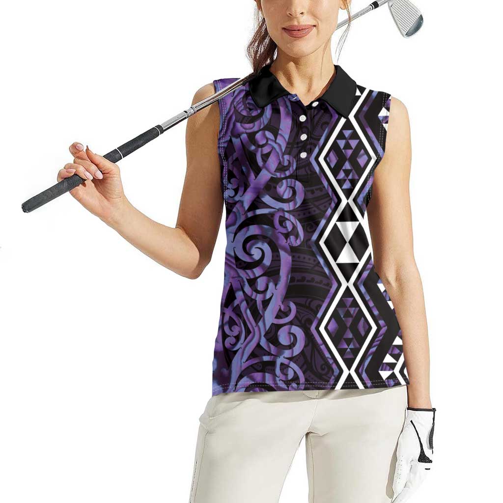 Purple Aotearoa Women Sleeveless Polo Shirt Taniko Motifs With Paua Shell Kowhaiwhai LT14 - Polynesian Pride
