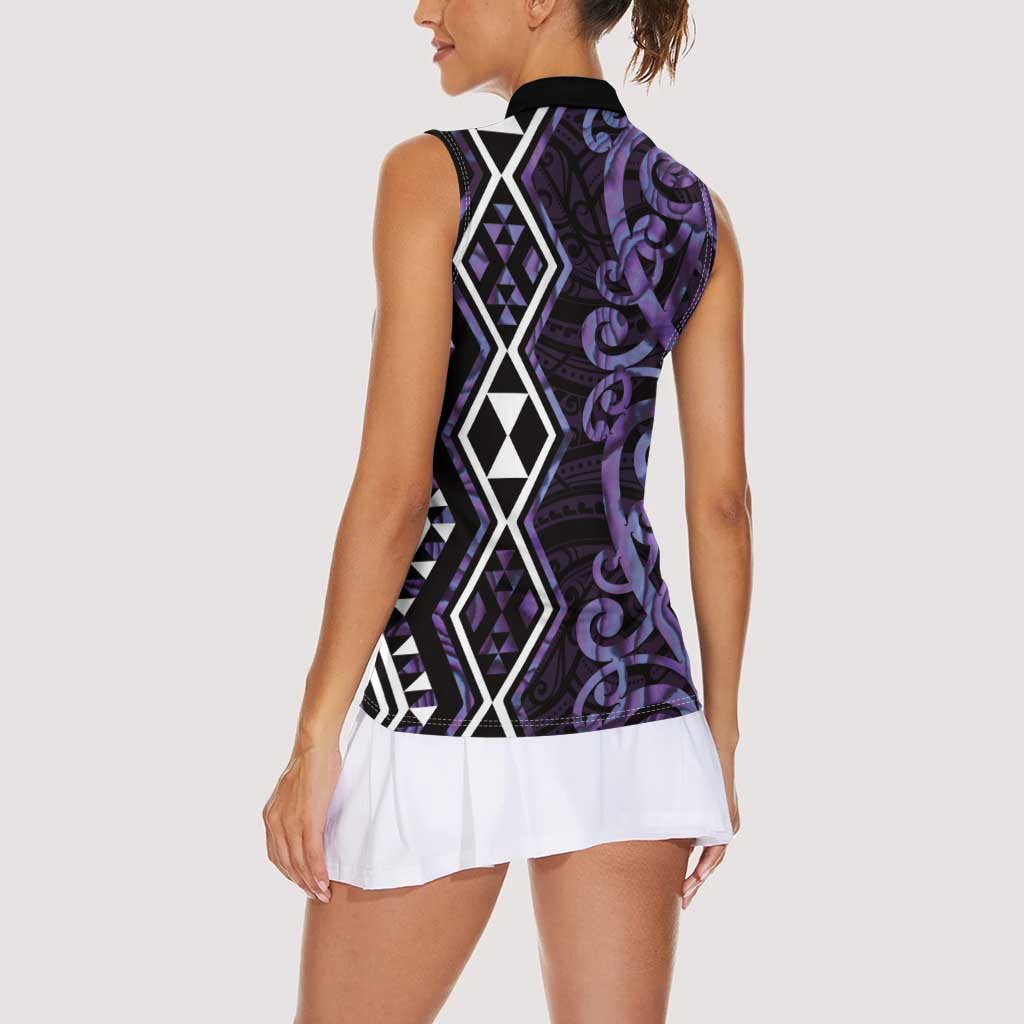 Purple Aotearoa Women Sleeveless Polo Shirt Taniko Motifs With Paua Shell Kowhaiwhai LT14 - Polynesian Pride