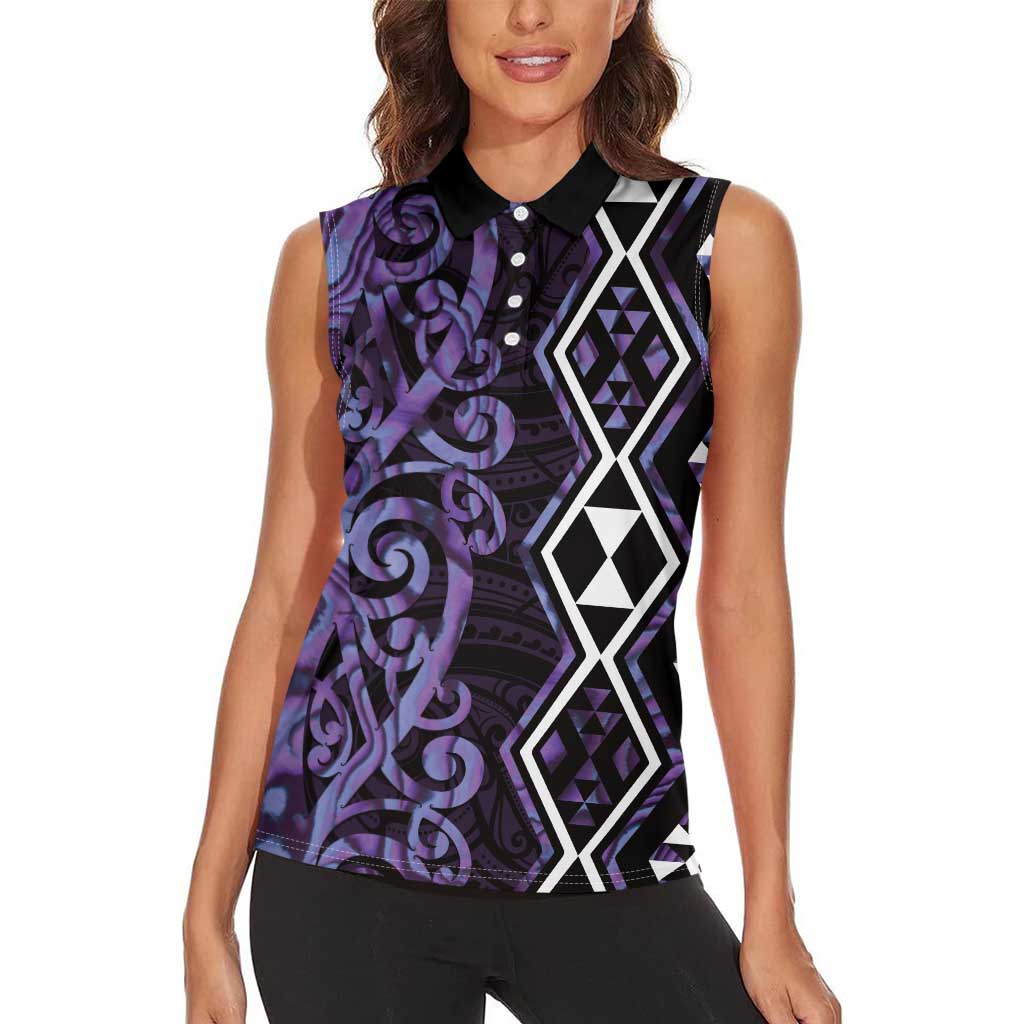Purple Aotearoa Women Sleeveless Polo Shirt Taniko Motifs With Paua Shell Kowhaiwhai LT14 - Polynesian Pride
