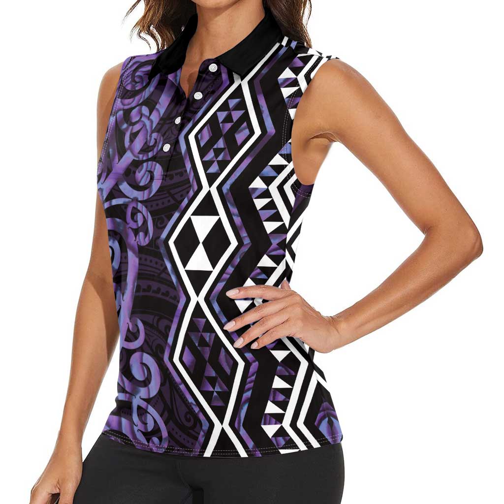 Purple Aotearoa Women Sleeveless Polo Shirt Taniko Motifs With Paua Shell Kowhaiwhai LT14 - Polynesian Pride