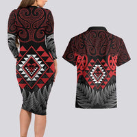 Aotearoa Kiwi Taniko Couples Matching Long Sleeve Bodycon Dress and Hawaiian Shirt Silver Fern With Maori Koru Pattern LT14 - Polynesian Pride