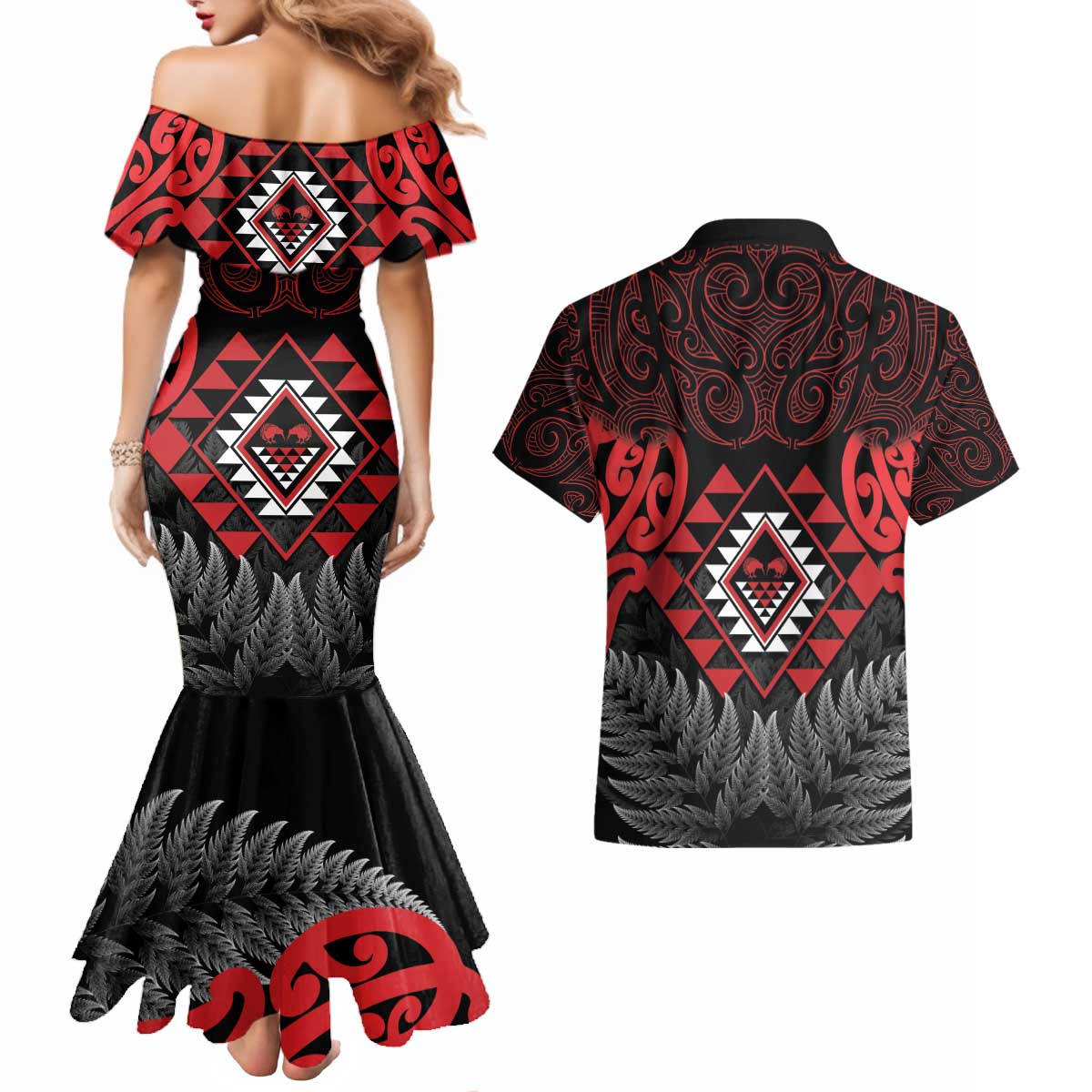 Aotearoa Kiwi Taniko Couples Matching Mermaid Dress and Hawaiian Shirt Silver Fern With Maori Koru Pattern LT14 - Polynesian Pride