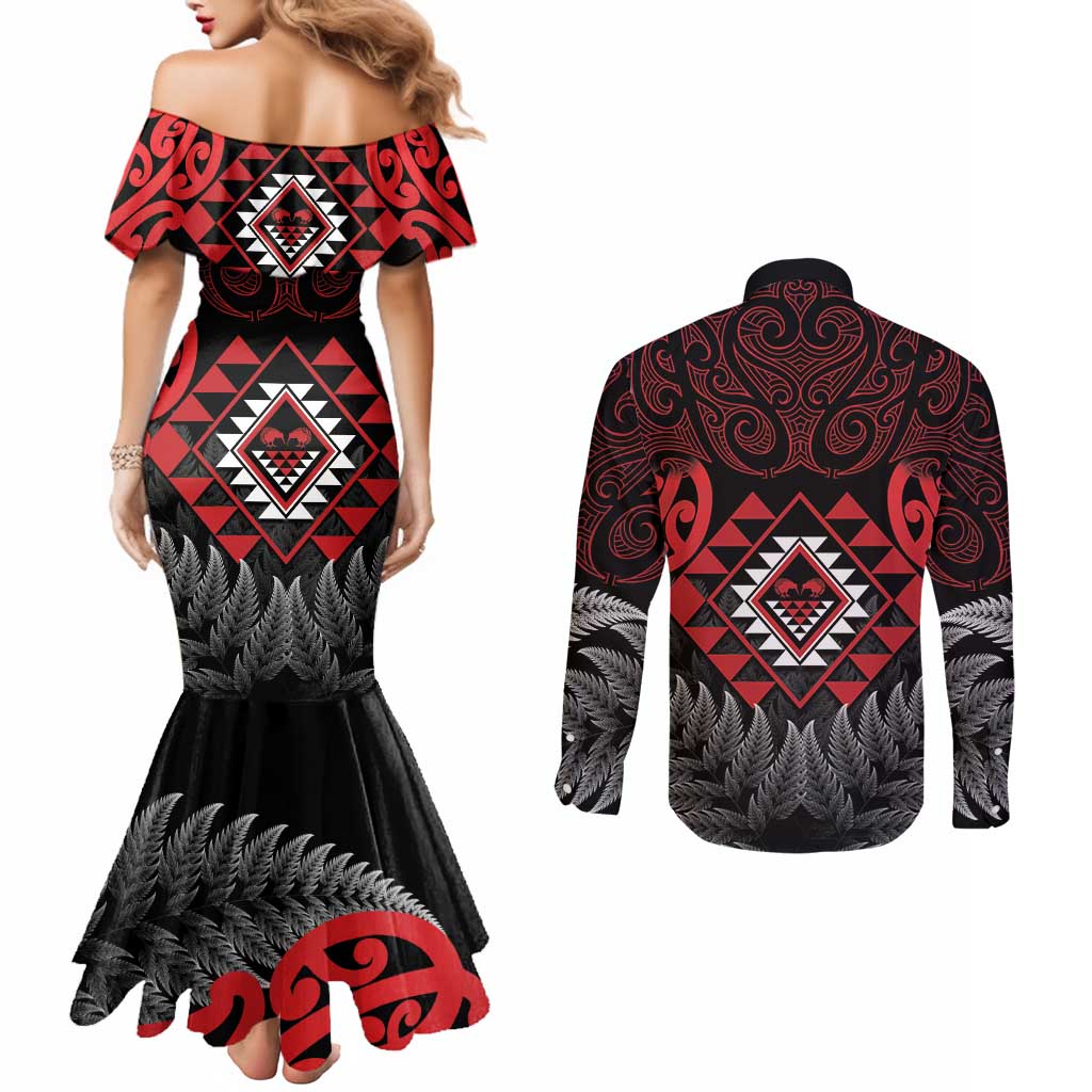 Aotearoa Kiwi Taniko Couples Matching Mermaid Dress and Long Sleeve Button Shirt Silver Fern With Maori Koru Pattern LT14 - Polynesian Pride
