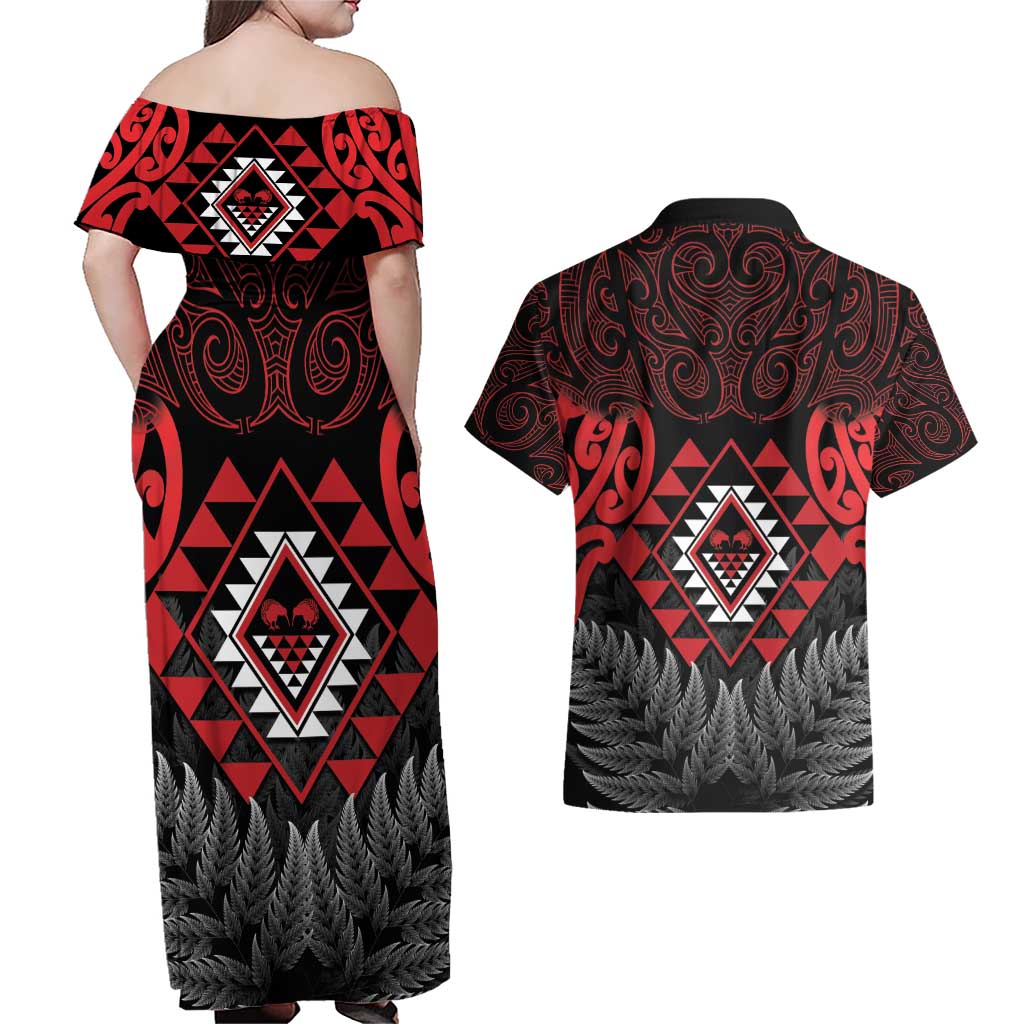 Aotearoa Kiwi Taniko Couples Matching Off Shoulder Maxi Dress and Hawaiian Shirt Silver Fern With Maori Koru Pattern LT14 - Polynesian Pride