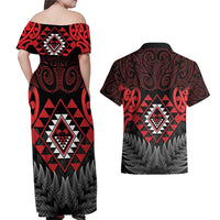 Aotearoa Kiwi Taniko Couples Matching Off Shoulder Maxi Dress and Hawaiian Shirt Silver Fern With Maori Koru Pattern LT14 - Polynesian Pride