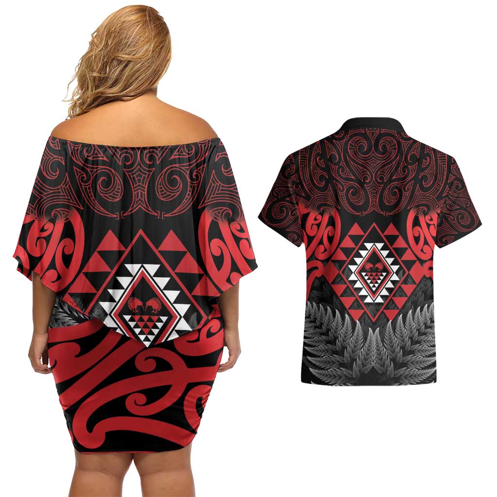 Aotearoa Kiwi Taniko Couples Matching Off Shoulder Short Dress and Hawaiian Shirt Silver Fern With Maori Koru Pattern LT14 - Polynesian Pride