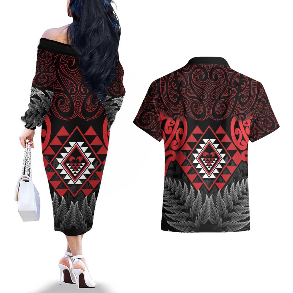 Aotearoa Kiwi Taniko Couples Matching Off The Shoulder Long Sleeve Dress and Hawaiian Shirt Silver Fern With Maori Koru Pattern LT14 - Polynesian Pride