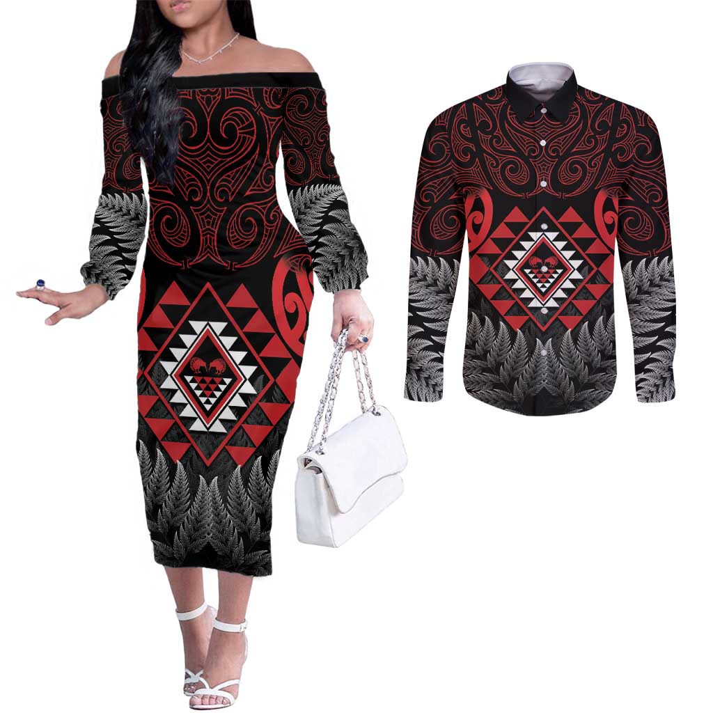Aotearoa Kiwi Taniko Couples Matching Off The Shoulder Long Sleeve Dress and Long Sleeve Button Shirt Silver Fern With Maori Koru Pattern LT14 Red - Polynesian Pride