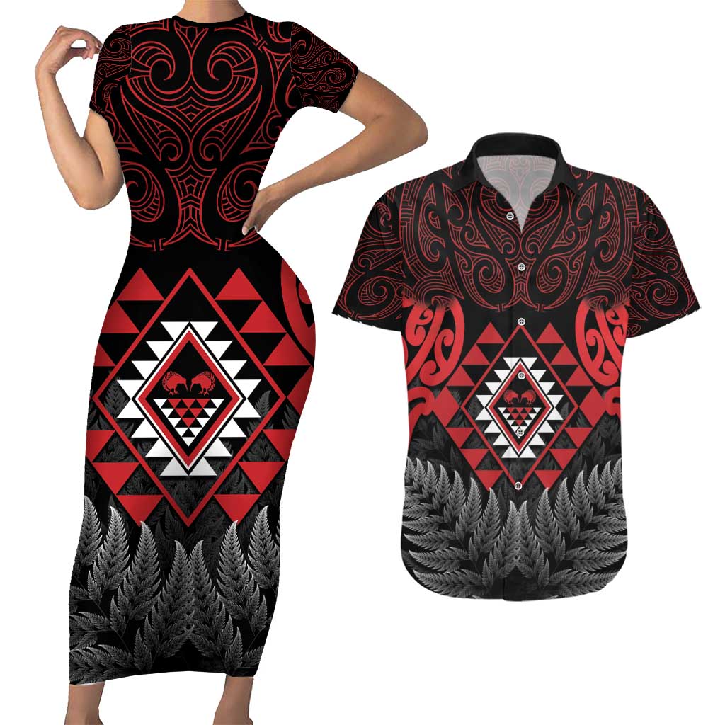 Aotearoa Kiwi Taniko Couples Matching Short Sleeve Bodycon Dress and Hawaiian Shirt Silver Fern With Maori Koru Pattern LT14 Red - Polynesian Pride