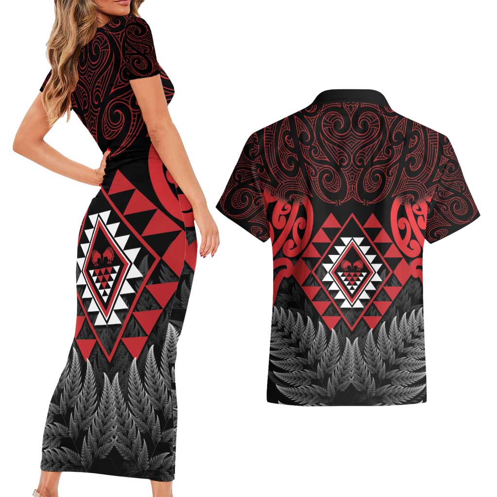 Aotearoa Kiwi Taniko Couples Matching Short Sleeve Bodycon Dress and Hawaiian Shirt Silver Fern With Maori Koru Pattern LT14 - Polynesian Pride