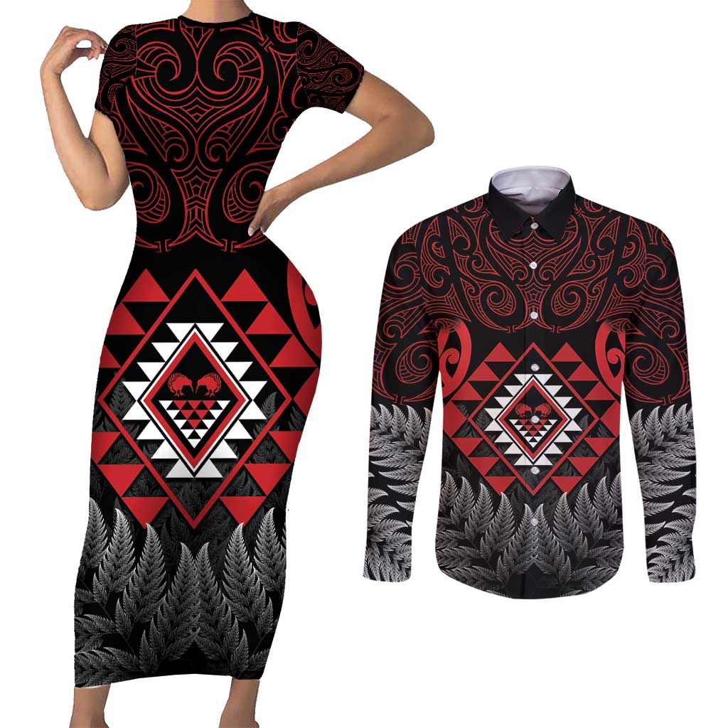 Aotearoa Kiwi Taniko Couples Matching Short Sleeve Bodycon Dress and Long Sleeve Button Shirt Silver Fern With Maori Koru Pattern LT14 Red - Polynesian Pride