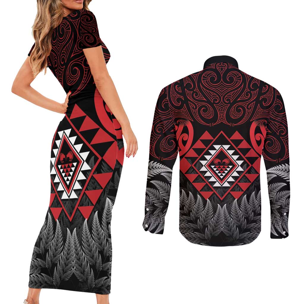 Aotearoa Kiwi Taniko Couples Matching Short Sleeve Bodycon Dress and Long Sleeve Button Shirt Silver Fern With Maori Koru Pattern LT14 - Polynesian Pride