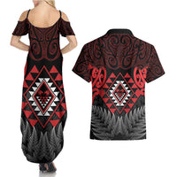 Aotearoa Kiwi Taniko Couples Matching Summer Maxi Dress and Hawaiian Shirt Silver Fern With Maori Koru Pattern LT14 - Polynesian Pride