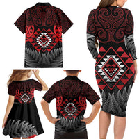 Aotearoa Kiwi Taniko Family Matching Long Sleeve Bodycon Dress and Hawaiian Shirt Silver Fern With Maori Koru Pattern LT14 - Polynesian Pride