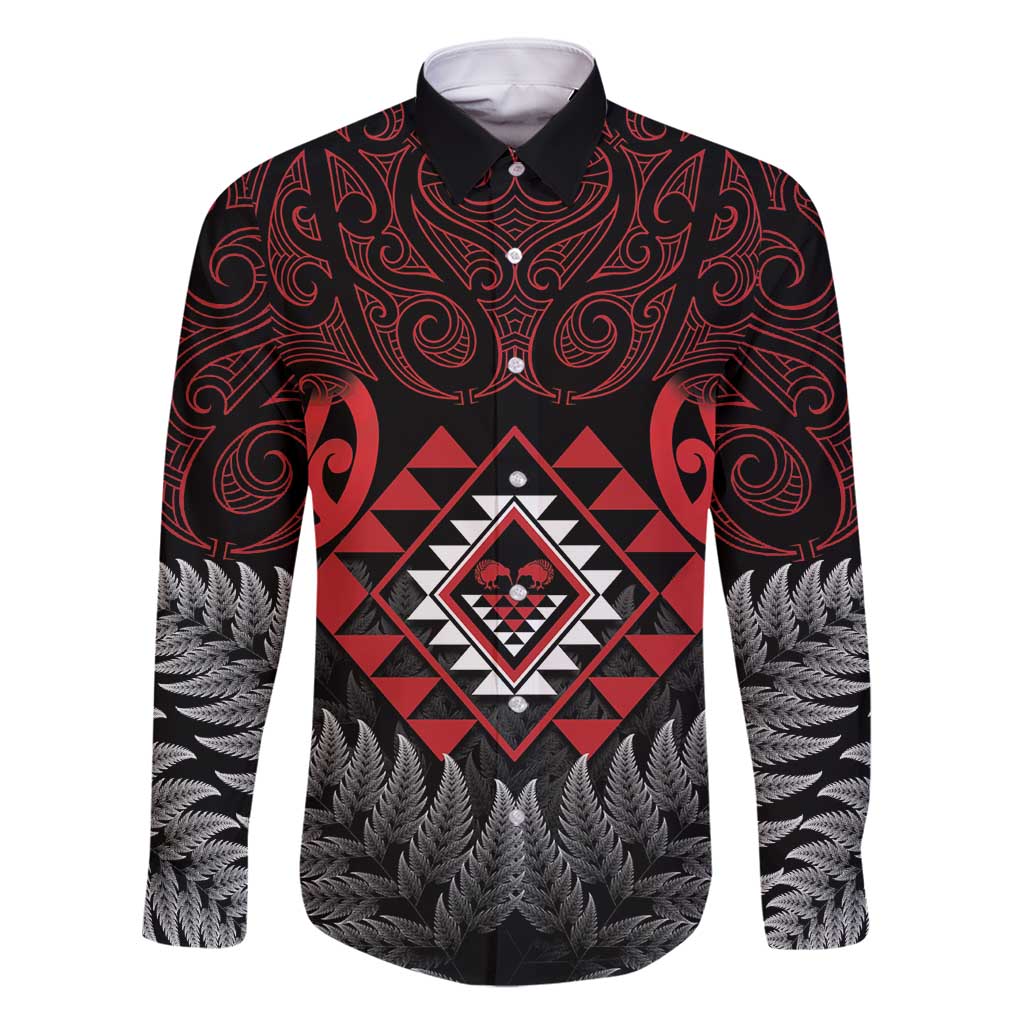 Aotearoa Kiwi Taniko Family Matching Mermaid Dress and Hawaiian Shirt Silver Fern With Maori Koru Pattern LT14 Dad's Shirt - Long Sleeve Red - Polynesian Pride
