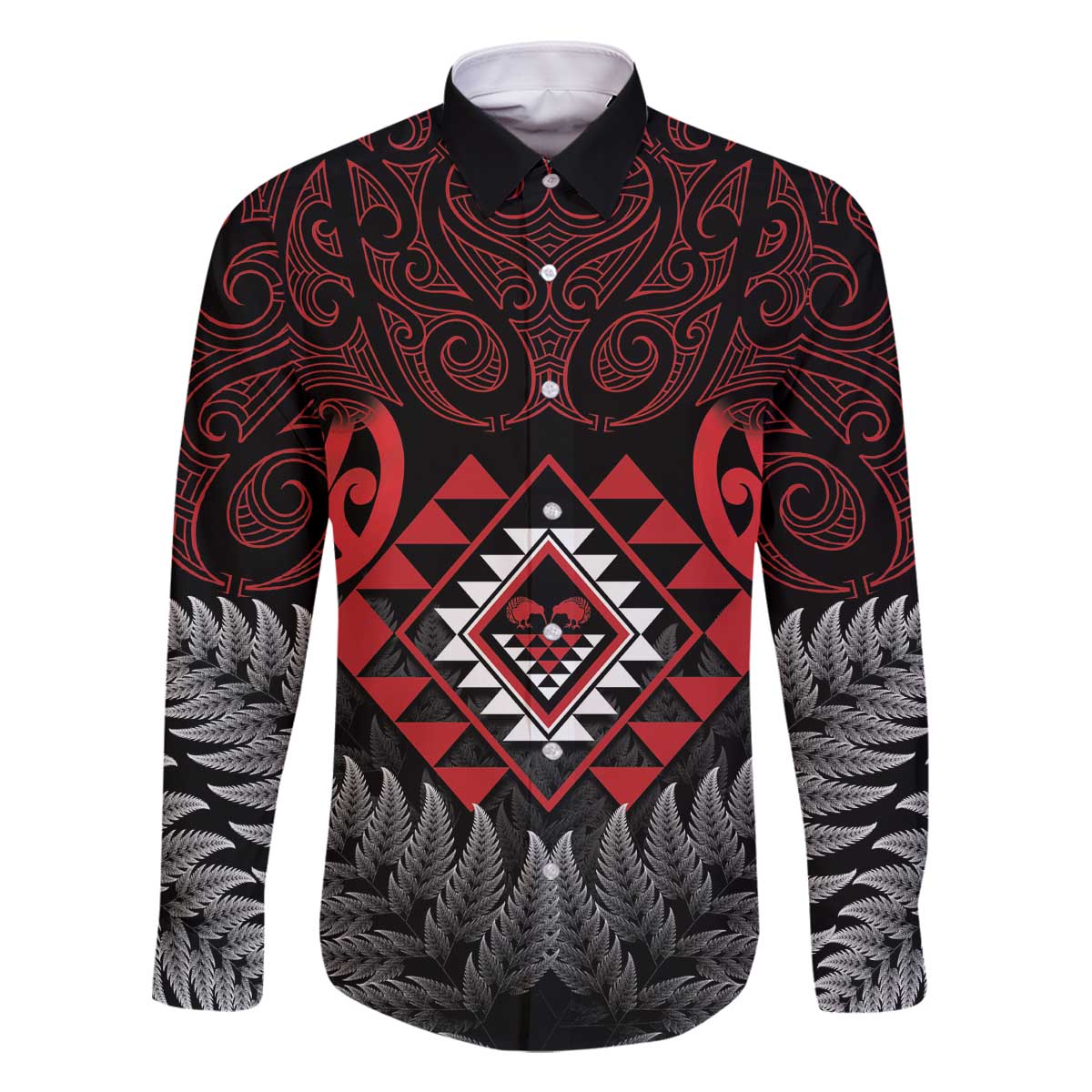 Aotearoa Kiwi Taniko Family Matching Off The Shoulder Long Sleeve Dress and Hawaiian Shirt Silver Fern With Maori Koru Pattern LT14 Dad's Shirt - Long Sleeve Red - Polynesian Pride