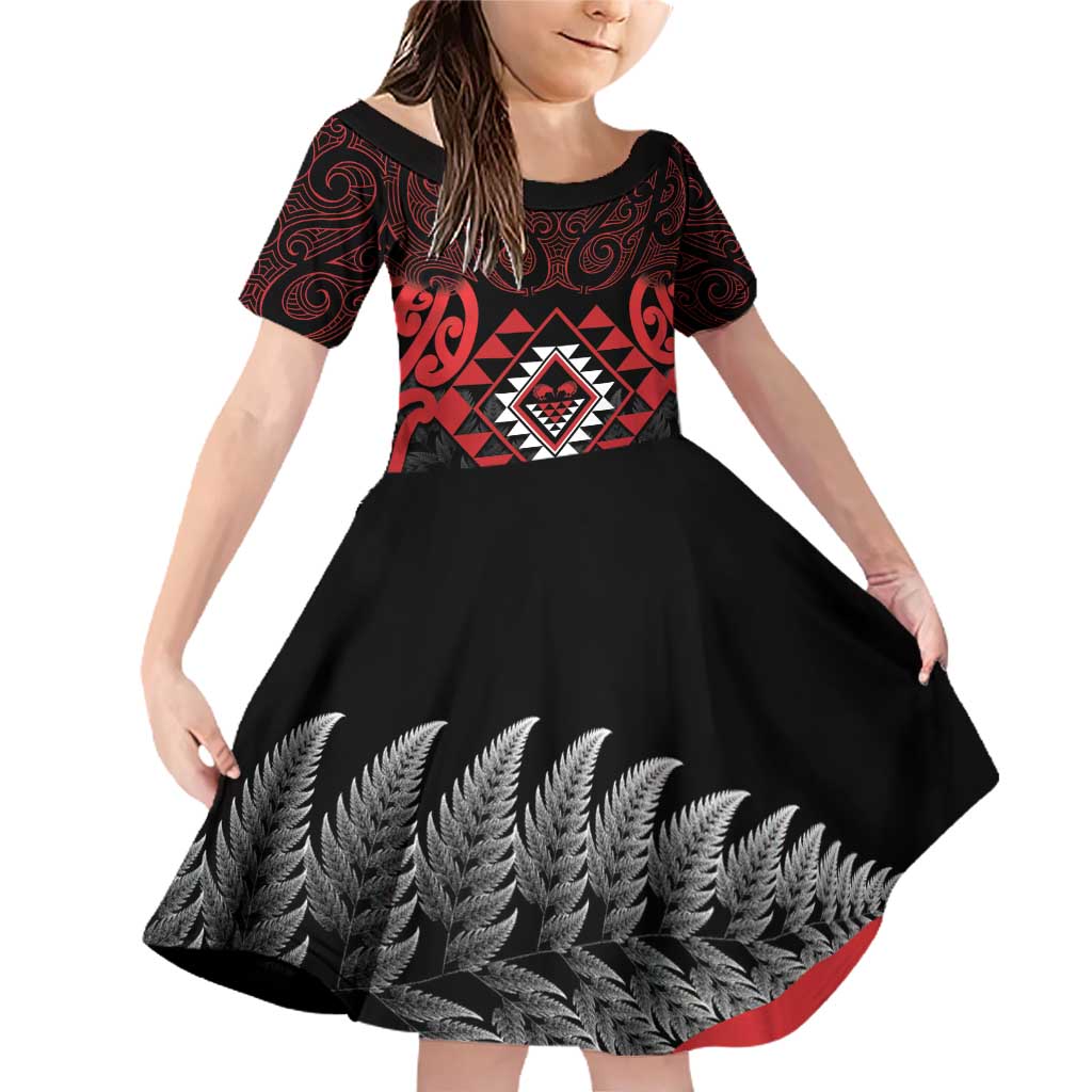 Aotearoa Kiwi Taniko Family Matching Off Shoulder Short Dress and Hawaiian Shirt Silver Fern With Maori Koru Pattern LT14 Daughter's Dress Red - Polynesian Pride