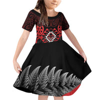Aotearoa Kiwi Taniko Family Matching Off Shoulder Short Dress and Hawaiian Shirt Silver Fern With Maori Koru Pattern LT14 Daughter's Dress Red - Polynesian Pride