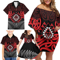 Aotearoa Kiwi Taniko Family Matching Off Shoulder Short Dress and Hawaiian Shirt Silver Fern With Maori Koru Pattern LT14 - Polynesian Pride