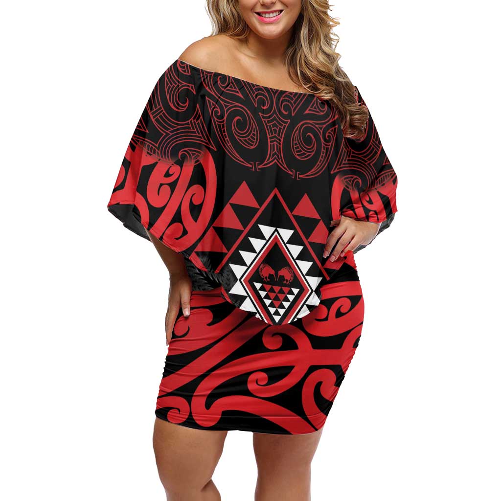 Aotearoa Kiwi Taniko Family Matching Off Shoulder Short Dress and Hawaiian Shirt Silver Fern With Maori Koru Pattern LT14 Mom's Dress Red - Polynesian Pride
