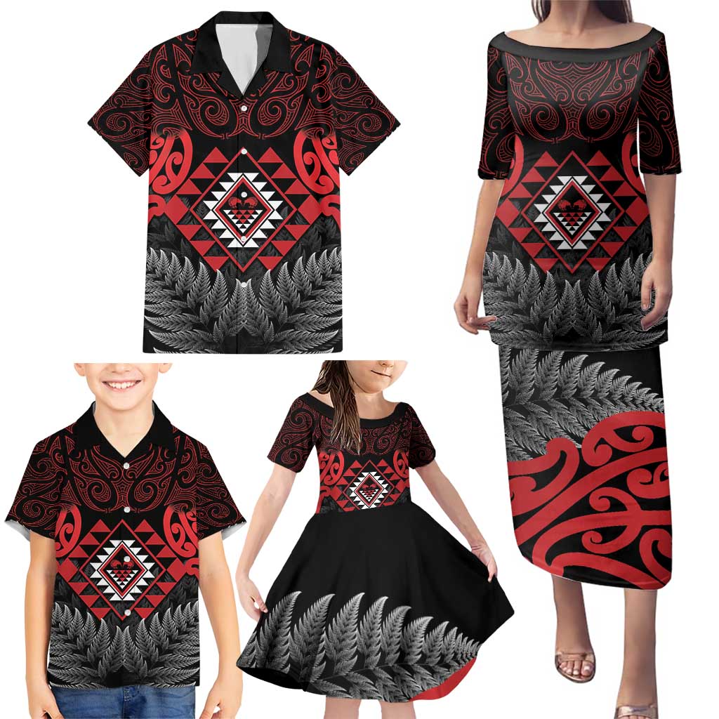 Aotearoa Kiwi Taniko Family Matching Puletasi and Hawaiian Shirt Silver Fern With Maori Koru Pattern LT14 - Polynesian Pride