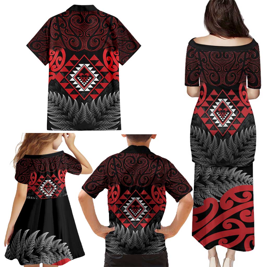 Aotearoa Kiwi Taniko Family Matching Puletasi and Hawaiian Shirt Silver Fern With Maori Koru Pattern LT14 - Polynesian Pride