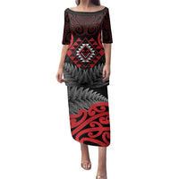 Aotearoa Kiwi Taniko Family Matching Puletasi and Hawaiian Shirt Silver Fern With Maori Koru Pattern LT14 Mom's Dress Red - Polynesian Pride