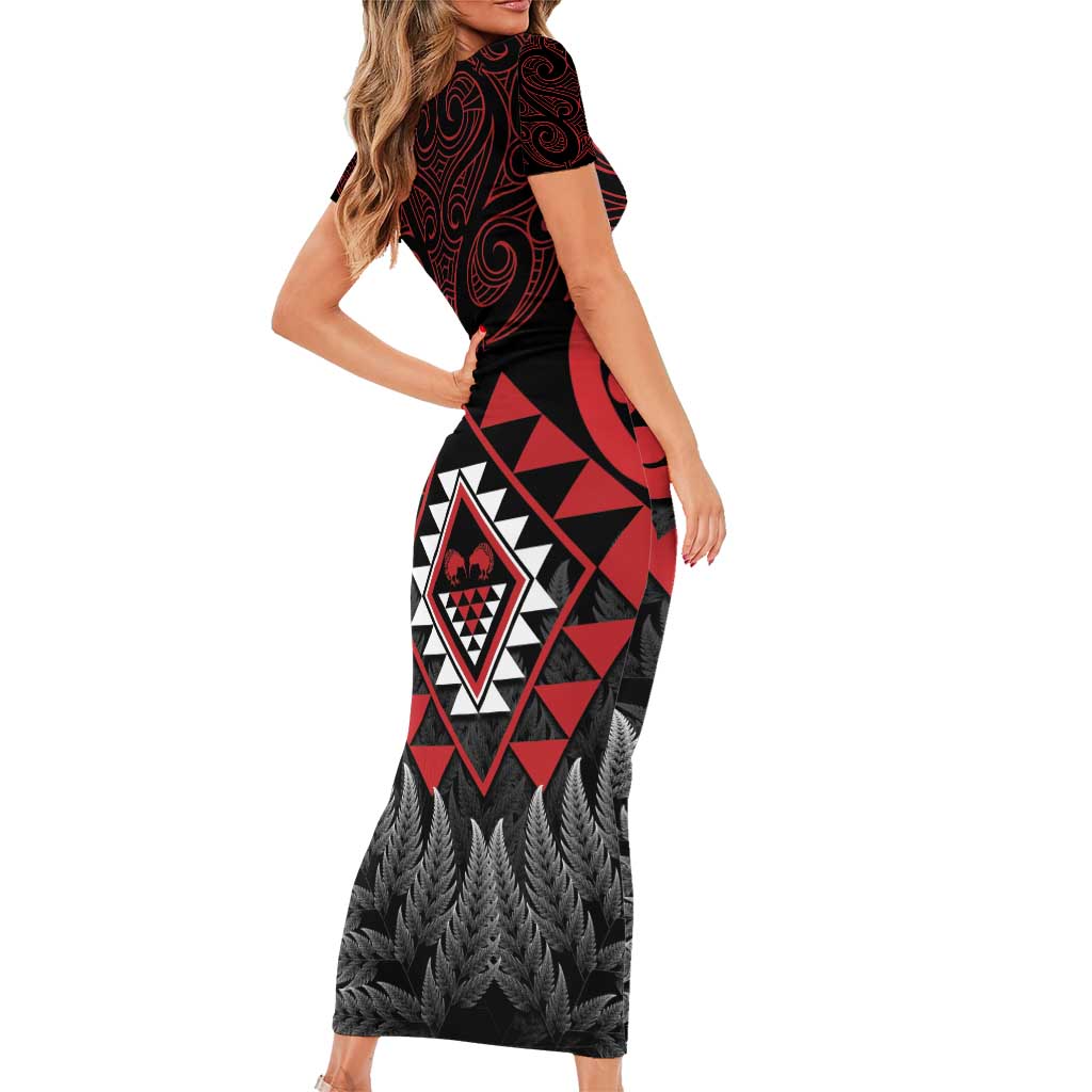 Aotearoa Kiwi Taniko Family Matching Short Sleeve Bodycon Dress and Hawaiian Shirt Silver Fern With Maori Koru Pattern LT14 - Polynesian Pride