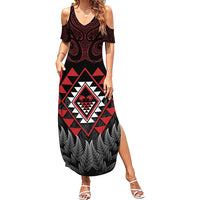 Aotearoa Kiwi Taniko Family Matching Summer Maxi Dress and Hawaiian Shirt Silver Fern With Maori Koru Pattern LT14 Mom's Dress Red - Polynesian Pride