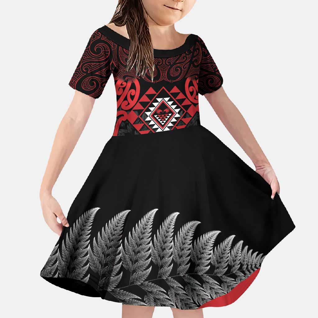 Aotearoa Kiwi Taniko Family Matching Tank Maxi Dress and Hawaiian Shirt Silver Fern With Maori Koru Pattern LT14 Daughter's Dress Red - Polynesian Pride
