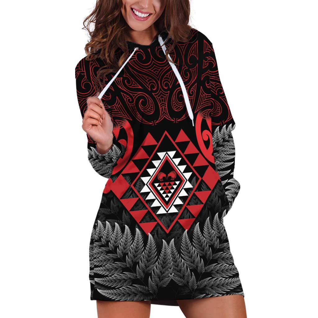 Aotearoa Kiwi Taniko Hoodie Dress Silver Fern With Maori Koru Pattern LT14 Red - Polynesian Pride