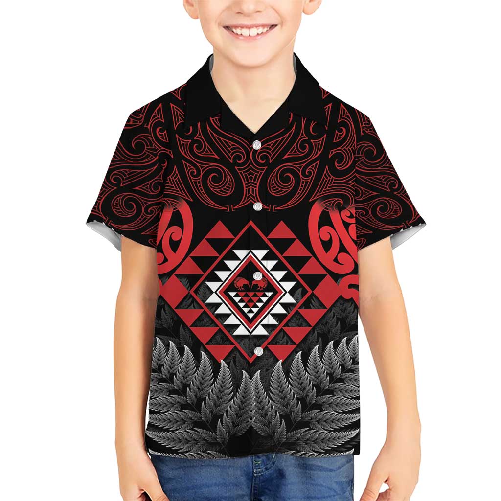 Aotearoa Kiwi Taniko Kid Hawaiian Shirt Silver Fern With Maori Koru Pattern LT14 Kid Red - Polynesian Pride