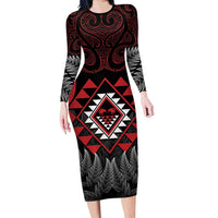 Aotearoa Kiwi Taniko Long Sleeve Bodycon Dress Silver Fern With Maori Koru Pattern LT14 Long Dress Red - Polynesian Pride