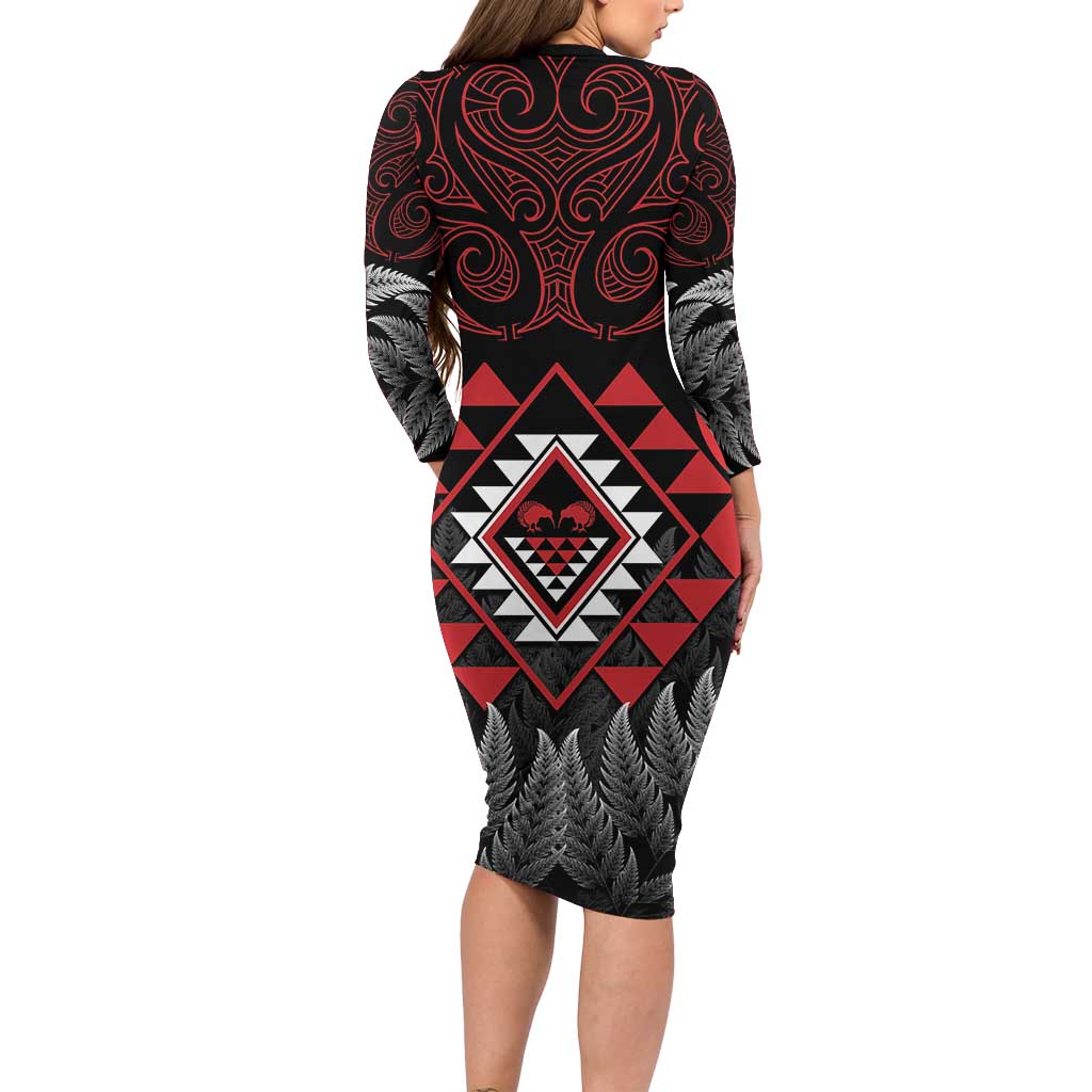 Aotearoa Kiwi Taniko Long Sleeve Bodycon Dress Silver Fern With Maori Koru Pattern LT14 - Polynesian Pride