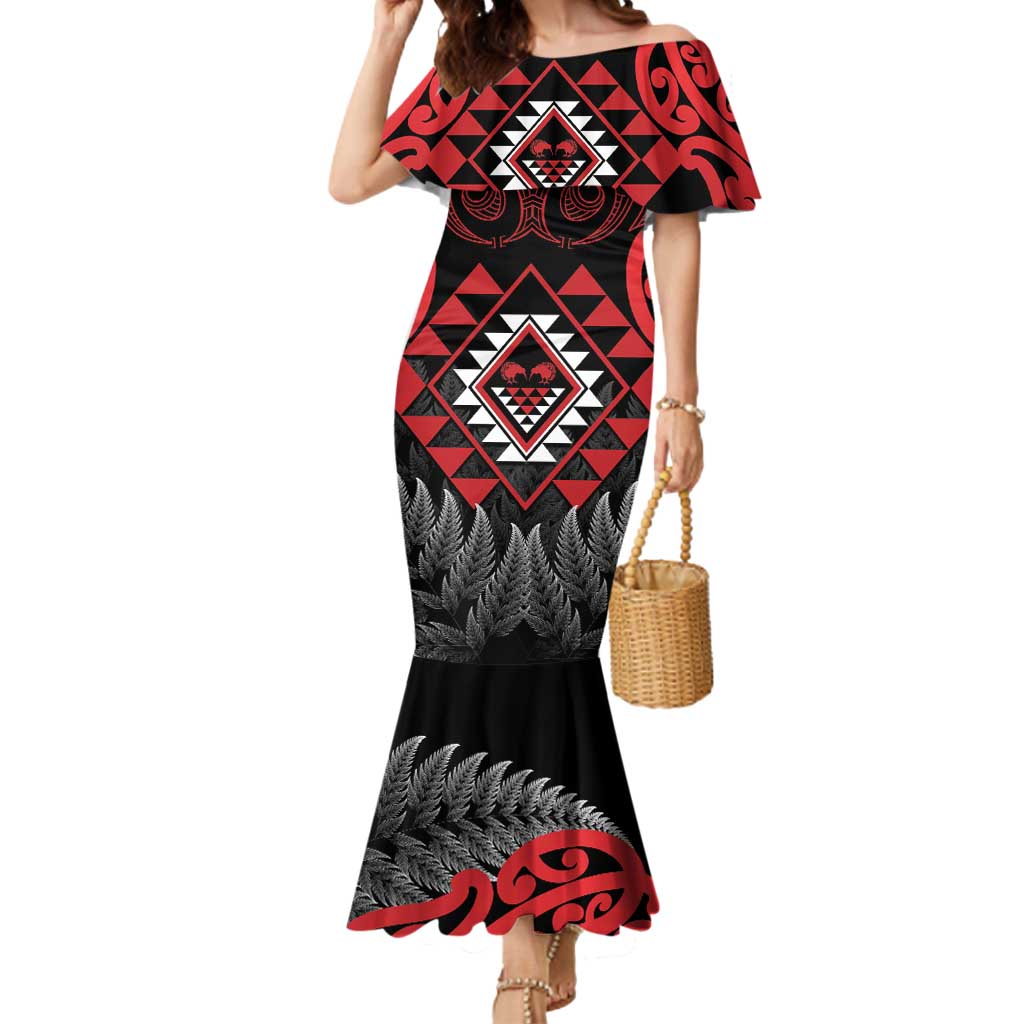 Aotearoa Kiwi Taniko Mermaid Dress Silver Fern With Maori Koru Pattern LT14 Women Red - Polynesian Pride