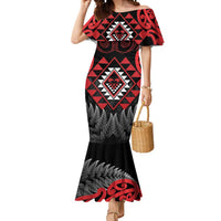 Aotearoa Kiwi Taniko Mermaid Dress Silver Fern With Maori Koru Pattern LT14 Women Red - Polynesian Pride