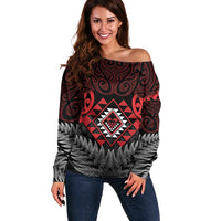 Aotearoa Kiwi Taniko Off Shoulder Sweater Silver Fern With Maori Koru Pattern LT14 Women Red - Polynesian Pride