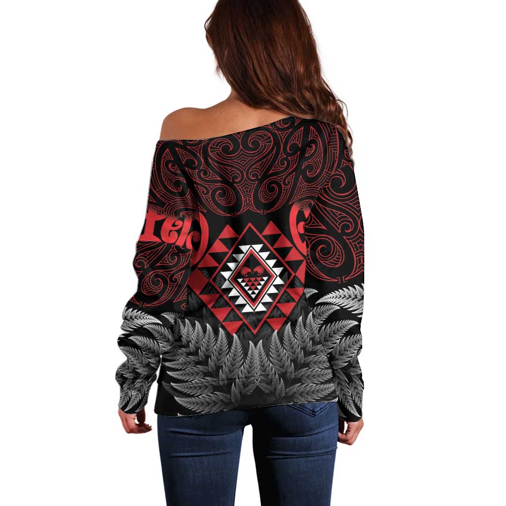 Aotearoa Kiwi Taniko Off Shoulder Sweater Silver Fern With Maori Koru Pattern LT14 - Polynesian Pride