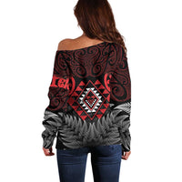 Aotearoa Kiwi Taniko Off Shoulder Sweater Silver Fern With Maori Koru Pattern LT14 - Polynesian Pride