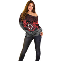 Aotearoa Kiwi Taniko Off Shoulder Sweater Silver Fern With Maori Koru Pattern LT14 - Polynesian Pride